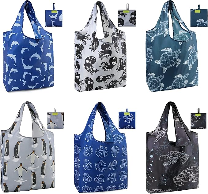 BeeGreen Animal Reusable Shopping Bags Cute Grocery Bag 6 Pack, Christmas Gift Bags Heavy-Duty Foldable Shopping Totes for Supermarket, Work & Travel, Large Washable Polyester Tote Bag with Handles