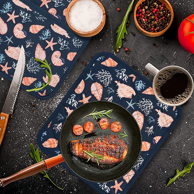 Pot Holders Set of 2 Heat Resistant 480℉ Kitchen 100% Cotton | Comfortable Lining Printing Cowry Flower Women Men Home Cooking Baking Microwave BBQ Gift (Cowry potholders)