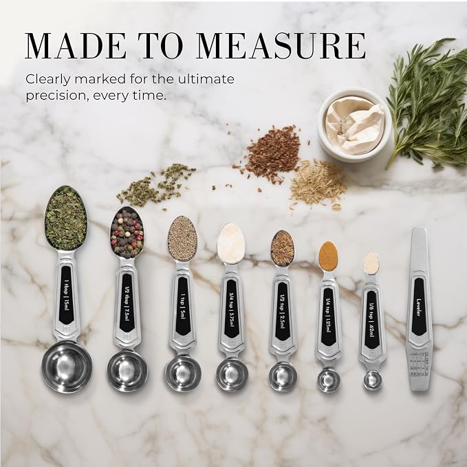 Styled Settings Stainless Steel Magnetic Measuring Spoons Set, 8-Piece | BPA-free, Stackable, Double Sided Measuring Spoons with Leveler for Dry and Liquid Ingredient - Fits in Spice Jars