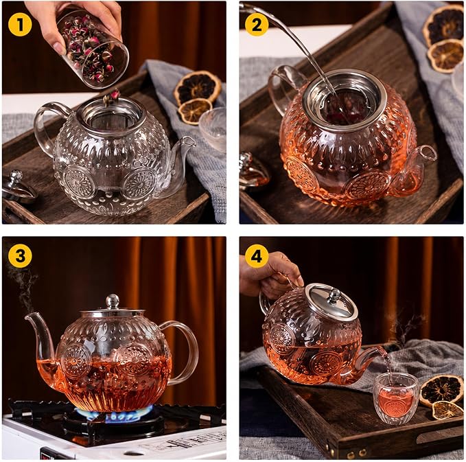Amzcku 50OZ/1500ml Vintage Glass Teapot Set with 4 Cups, Teapot Set with Removable Infuser Stovetop Safe, Borosilicate Glass Tea Kettle for Blooming & Loose Leaf Tea
