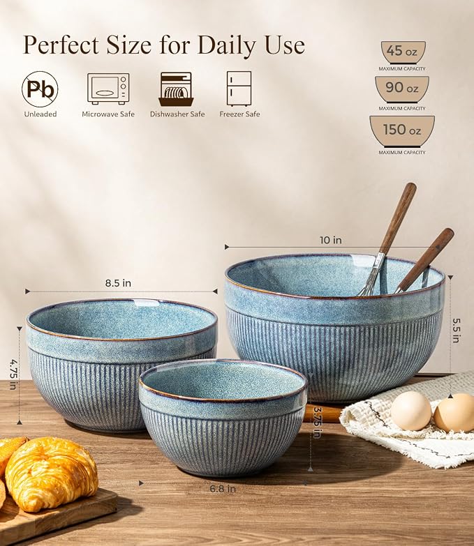GBhome Ceramic Mixing Bowls Set of 3, Stoneware Nesting Serving Bowls, | 45/90/150 oz For Prep, Baking, Serving, Gift, Microwave and Dishwasher Safe, Ribbed Dishware Collection,Ceylon Blue