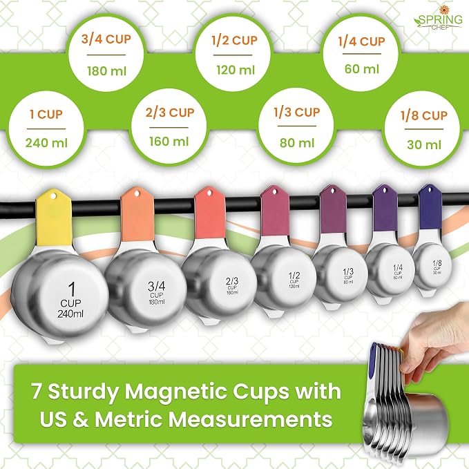 Spring Chef Magnetic Measuring Cups & Spoons Set of 15, Mountain Sunrise | Patented Nesting Stainless Steel Measuring Cups & Heavy Duty Metal Measuring Spoons w/ Levelers for Dry & Liquid Ingredients