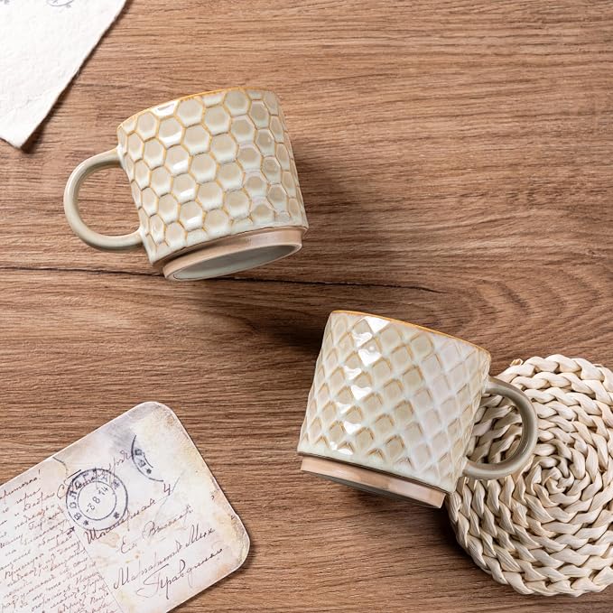 GBhome 6 OZ Stackable Coffee Mugs Set of 4, Ceramic Coffee Cups Set | 4 Assorted Designs, Embossed Mugs with Texture Patterns for Espresso/Tea, Dishwasher&Microwave Safe, Khaki