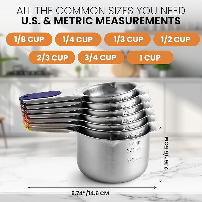 Spring Chef 7 Magnetic Stainless Steel Measuring Cups Set, Mountain Sunrise | Patented Metal Measuring Cups for Measuring Dry or Liquid Ingredients, Easy to Read Markings, Dishwasher Safe Magnetic Cups