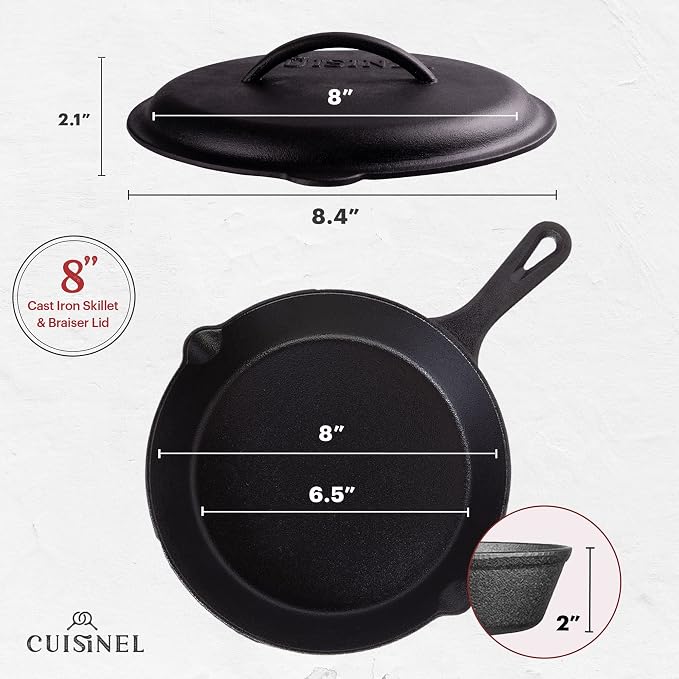 Cuisinel Cast Iron Skillet with Lid - 8"-inch Pre-Seasoned Covered Frying Pan Set + Silicone Handle and Lid Holders + Scraper/Cleaner - Indoor/Outdoor, Oven, Camping Fire, Grill Safe Kitchen Cookware