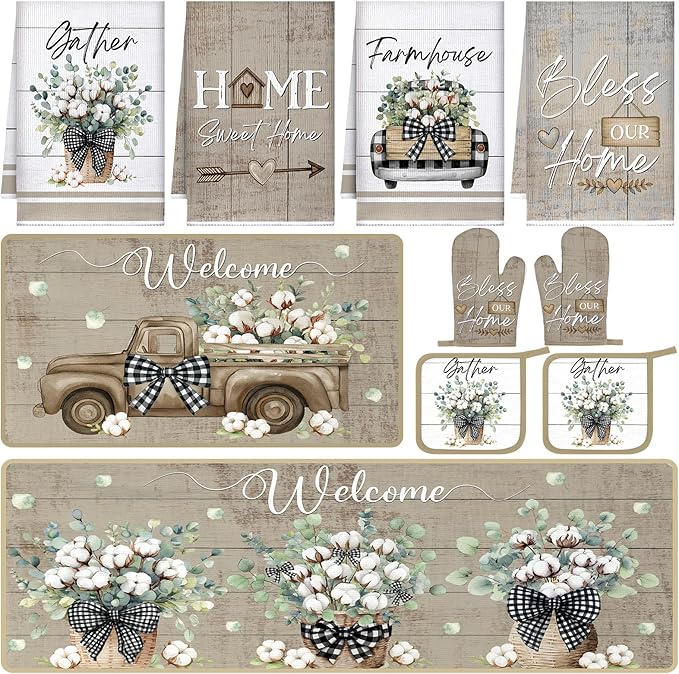 Fourluoo 10 Pcs Farmhouse Eucalyptus Leaves Kitchen Decor Set Bless Our Home Towels Rugs Oven Mitts and Pot Holders Set for Cooking Baking Grilling Gift