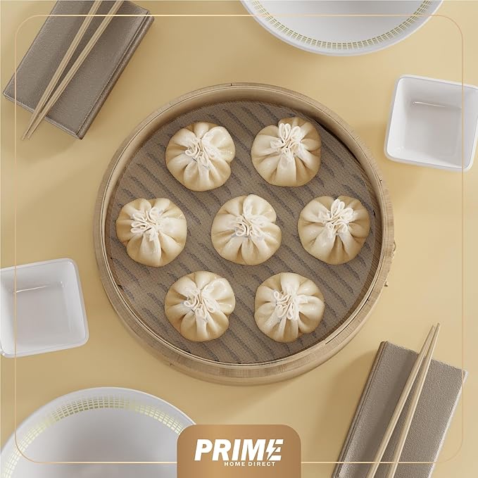 Bamboo Steamer Basket - Cook Delicious Meals with Authentic Flavor at Home | 12 Inch, 2 Tiers + 50 Liners, Chopsticks and Sauce Dish - Steam Family Portions of Dumplings, Bao and Vegetables at Once