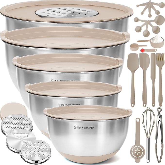 Stainless Steel Mixing Bowls with Lids Set, Metal Nesting Bowls with Airtight Lids, Graters, Non-Slip Base & Measurement Marks, Includes Utensil Set for Prep, Baking & Storage, Khaki