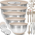 Stainless Steel Mixing Bowls with Lids Set, Metal Nesting Bowls with Airtight Lids, Graters, Non-Slip Base & Measurement Marks, Includes Utensil Set for Prep, Baking & Storage, Khaki
