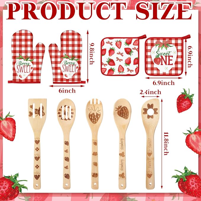 Bencailor 13 Pcs Strawberry Kitchen Decor Accessories Pink Kitchen Apron Dish Towels Oven Mitts and Pot Holders Cute Wooden Spoons for Farmhouse Home Strawberry Party Decoration Housewarming Gifts
