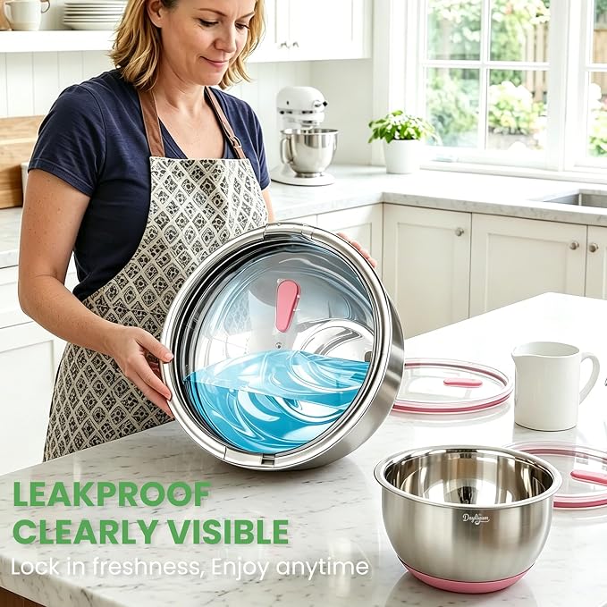 Mixing Bowls with Clear Airtight Lids, 3-Piece Stainless Steel Set, Pink | Silicone Vent Plug, Secure Seal Design, 1.5/3/5 QT, Dishwasher-Safe Lids, Non-Slip Base, Measurement Marks, Nesting Design