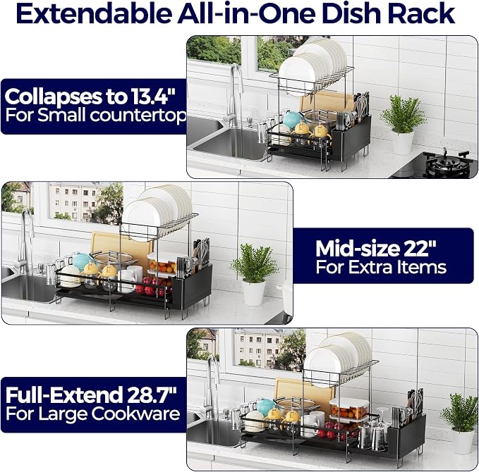 Large Dish Drying Rack, Expandable Dish Rack for Kitchen Counter, Dish Drainer with Drainboard Set, Multifunctional Dishrack with Utensil & Cup Holder, 13.4"-28.7" L x 11.8" W x 9.3" H, Black
