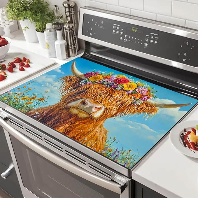 HOMETITUTE Highland Cow Stove Top Cover 28x20 Floral Diatomite Mat