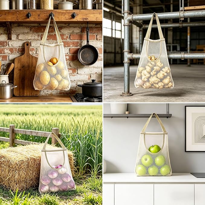 Ahyuan 5 Pack Hanging Mesh Storage Bags For Potatoes,Onions,Garlics,Vegetables Long and Large Reusable Net Storage Tote Bags for Fruit Veggies Green Pepper or Garbage Bag (Beige)
