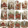 SiliFine 12 Pcs Christmas Kitchen Accessories Set Nutcracker Pot Holders Red Truck Oven Mitts Vintage Winter Church Kitchen Towels for Country Christmas Home Decorations, Cooking Baking Holiday Gifts