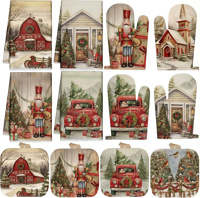 SiliFine 12 Pcs Christmas Kitchen Accessories Set Nutcracker Pot Holders Red Truck Oven Mitts Vintage Winter Church Kitchen Towels for Country Christmas Home Decorations, Cooking Baking Holiday Gifts