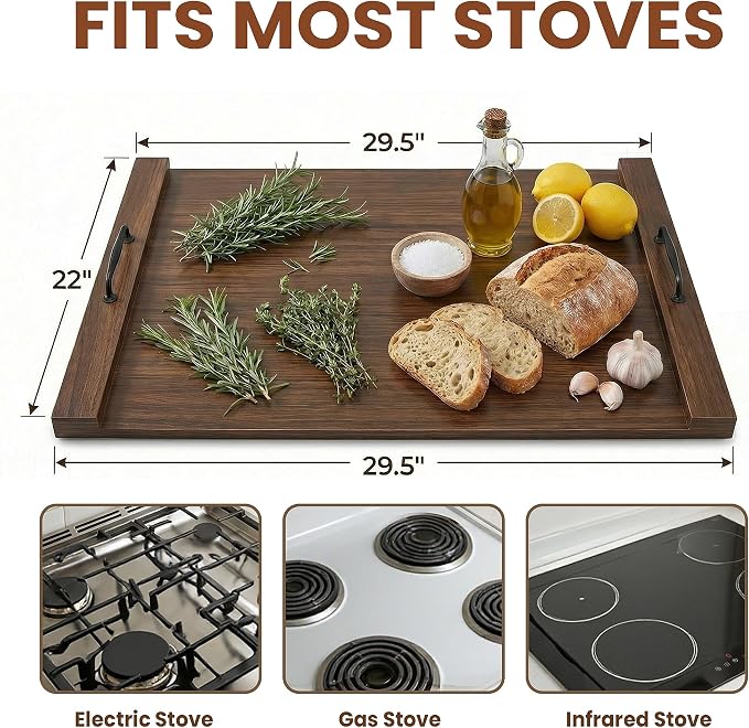Noodle Board Stove Cover with Handles, 29.5 x 22 Inch, Walnut | Engineered Wood Cover for Electric, Gas and Glass Stove Tops, Raised Edge Serving Tray for Extra Counter Space