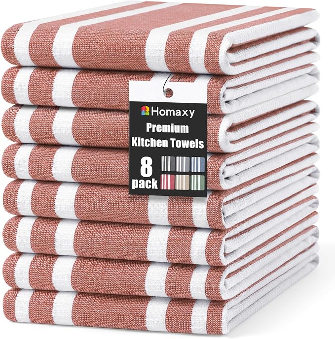 Homaxy Premium Cotton Stripe Kitchen Towels 8 Pack, 18"x 28", Rust | Large 380 GSM Kitchen Hand Towels, Soft Terry Dish Towels, Highly Absorbent Tea Towel Set with Hanging Loop