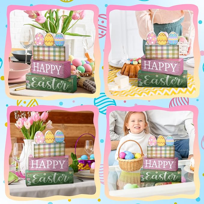 Lineshading 4 Pcs Easter Wooden Block Signs, Farmhouse Tiered Tray Decor | Includes 3 Painted Eggs and Happy Easter Sign Blocks, Rustic Wood Finish for Spring Home Mantle Shelf Centerpiece