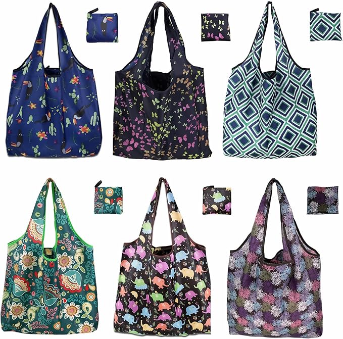 Foldable Reusable Shopping Bags,6 Pack Heavy Duty Tote for Grocery | Lightweight Polyester, machine washable. Compact fold fits in purse. Sturdy 50lb capacity. Great for groceries&travel,Beach