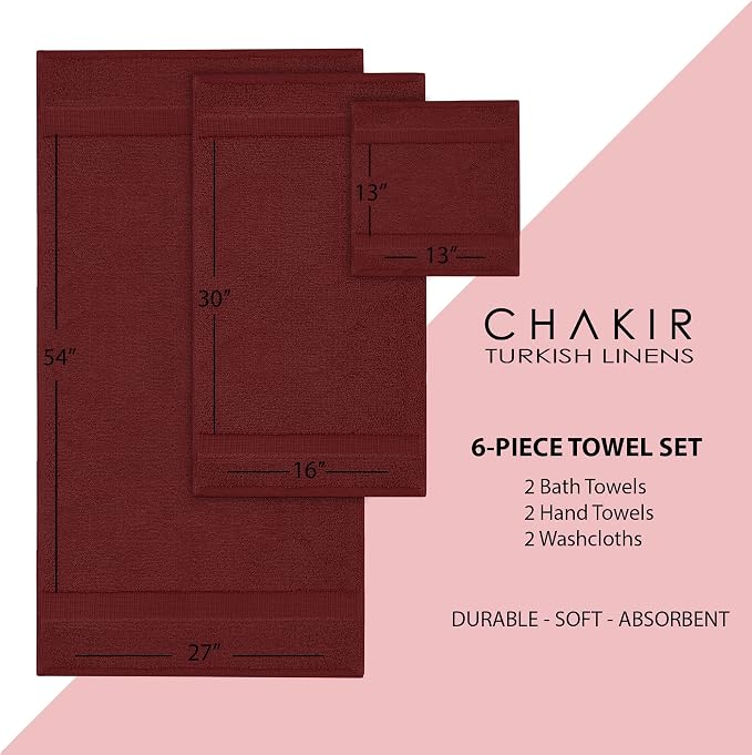 Chakir Turkish Linens 6 Piece Towels Set, 100% Cotton Luxury Turkish Towels for Bathroom, Soft Absorbent Bath Towel Set with 2 Bath Towels 2 Hand Towels 2 Washcloths, Cranberry