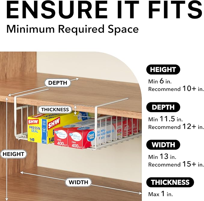 Simple Houseware 2-Pack Under Shelf Wire Metal Basket Shelf, White | Space-Saving Storage Organizer for Kitchen, Pantry, Closet, Office, No Tools Required