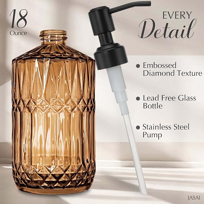 JASAI 18Oz Amber Glass Soap Dispenser with Black Pump for Bathroom. | Beautiful Kitchen Soap Dispenser with Thick Glass, Soap Dispenser Bathroom for Hand soap, Dish Soap, Lotion, Liquid Soap.