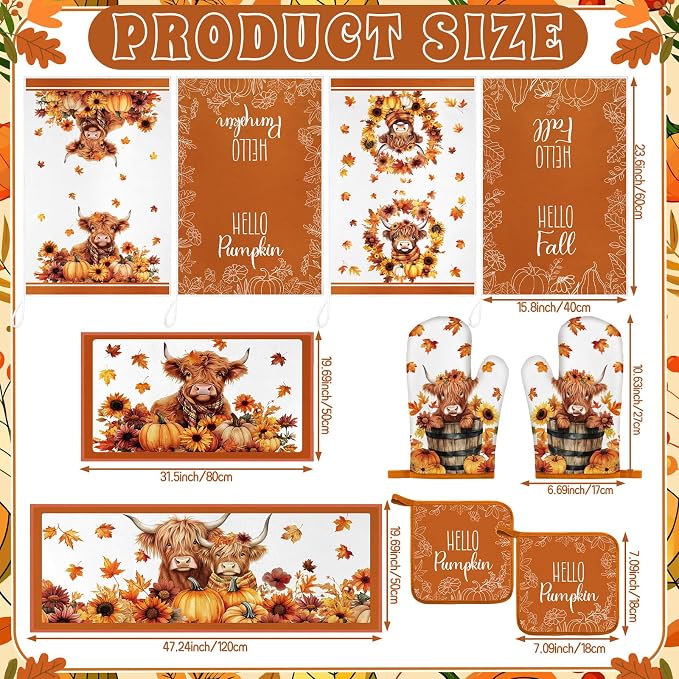 Fourluoo 10 Pcs Fall Highland Cow Kitchen Decor Set | Rugs Towels Oven Mitts and Pot Holders Set, Fall Farmhouse Kitchen Decor Set, for Cooking Baking Grilling Gift