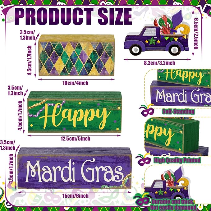 Lineshading 4 Pcs Mardi Gras Tiered Tray Decor Wooden Blocks, Truck | Rustic Farmhouse Block Signs with Purple Green Gold, Happy Text and Fleur-de-lis, Stacked Table Centerpiece for Parties