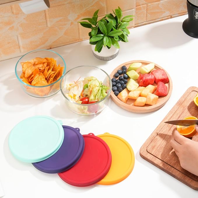 4 Cup Round Silicone Storage Cover Lids Replacement for Anchor Hocking and Pyrex 7201-PC Glass Bowls (Container not Included) (Mix) 4 Pack