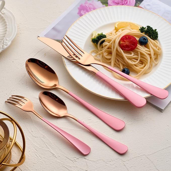 20-Pieces Rose Gold and Pink Silverware Sets for 4,Pink Handle Stainless Steel Cutlery Set, Include Forks Spoons and Knives Set, Dishwasher Safe Utensil Sets for Home Restaurant