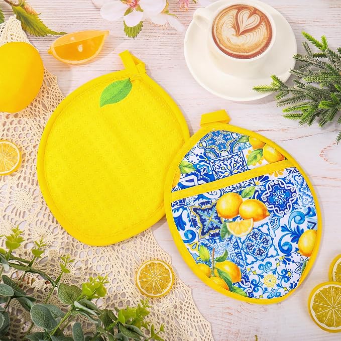AnyDesign 2Pcs Yellow Lemon Pot Holders Heat Resistant Cotton Hot Pad Non-Slip Potholder Oven Mitt Blue Porcelain Floral Trivet Mat for Kitchen Cooking Baking, 7" x 9"