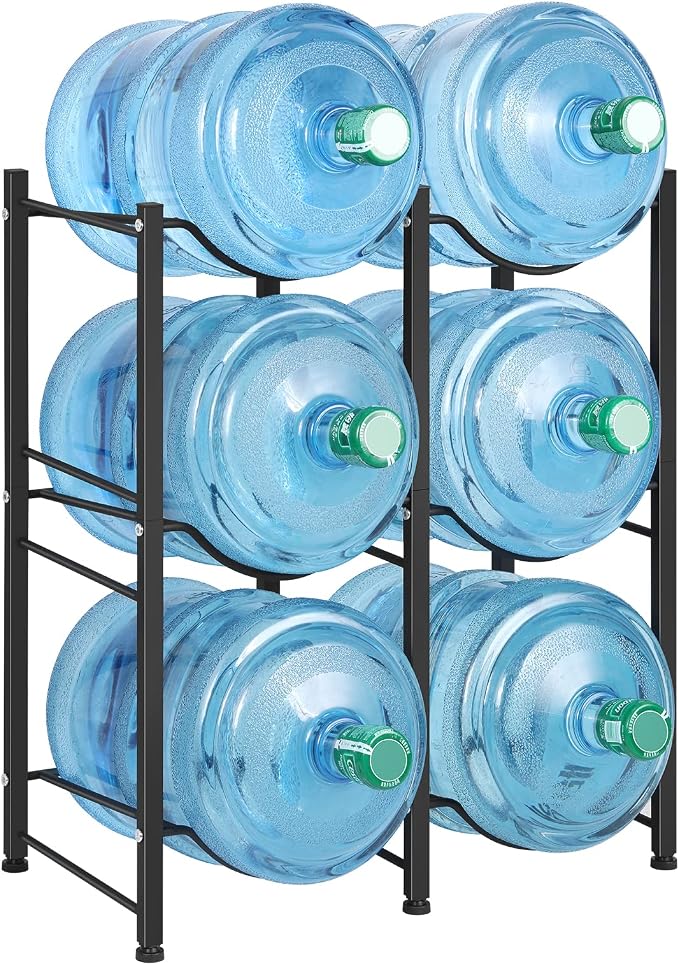 LIANTRAL 5 Gallon Water Bottle Holder, 3 Tiers Black Double Row Water Rack | Heavy Duty Water Cooler Jug Rack with 6 Slots for Home Kitchen