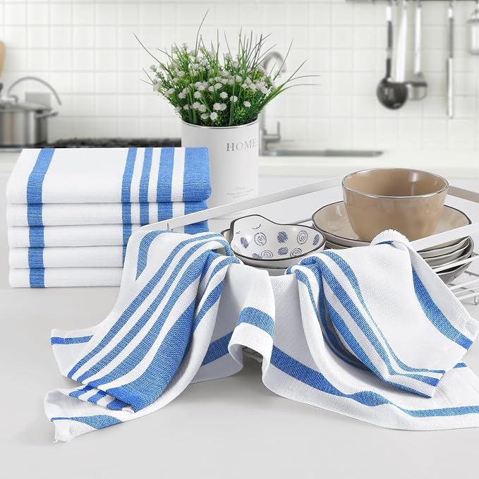Homaxy Premium Cotton Stripe Kitchen Towels 8 Pack, 18"x 28", Blueberry | Large 380 GSM Kitchen Hand Towels, Soft Terry Dish Towels, Highly Absorbent Tea Towel Set with Hanging Loop