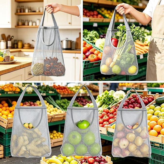 Ahyuan 5 Pack Hanging Mesh Storage Bags For Potatoes,Onions,Garlics,Vegetables Long and Large Reusable Net Storage Tote Bags for Fruit Veggies Green Pepper or Garbage Bag (Gray)