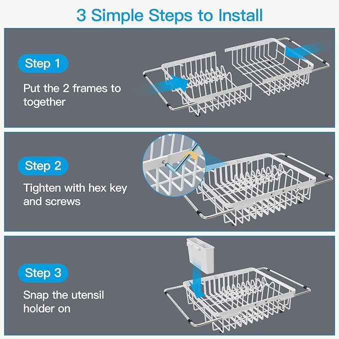 JASIWAY White Dish Drying Rack Over the Sink with Utensil Holder | Expandable Stainless Steel Dish Driainers for Small Kitchen, Counter Space Saving, Fast Drain, Rust Resistant, For Apartment
