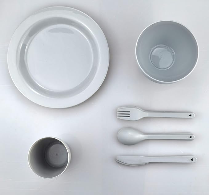 Plastic Plates and Bowls Sets,College Dorm Room Essentials Dishes Set Camping Plates,Dinnerware Accessories Mess Kit-Microwaveoven Safe BPA-Free with Mesh Bag-24PCS