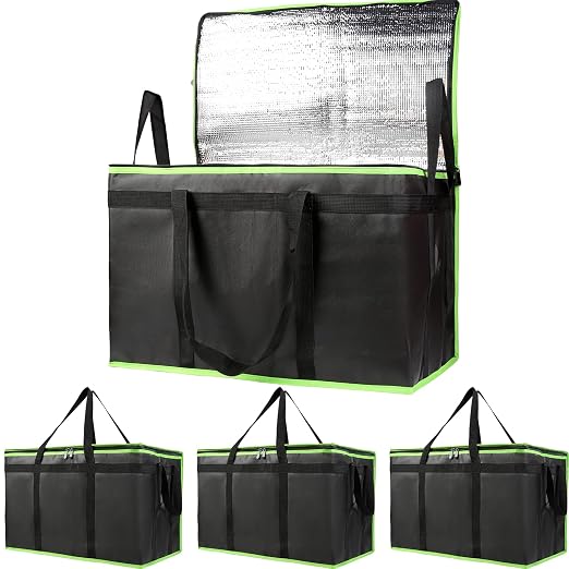 Bodaon 4-Pack Cooler Insulated Food Delivery Bag, Rideshare Delivery Bag, XXX-Large Thermal Bags for Catering/Hot Pizza, Travel/Camping/Picnic/Grocery Reusable Warmer Frozen, Black-Green Edge