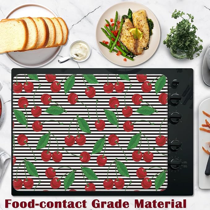 Stove Top Cover for Electric, Glass Ceramic Cherry Stripes Stove Cover, Heat Resistant Flat Stovetop Protector, Dish Drying Mats for Kitchen