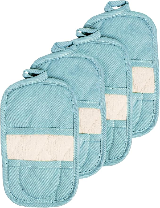 RITZ Premium Pot Holders & Heating Pads (4-Pack), 8.5" x 5.5", Heat Resistant, 100% Cotton Terry-Looped Pocket, Kitchen and Barbeque, Dew