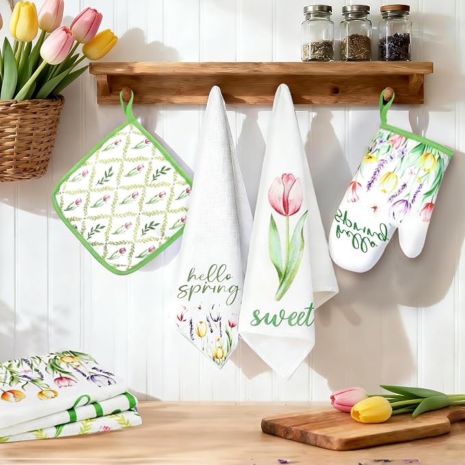 8 Pcs Tulip Floral Spring Style Kitchen Towels Oven Mitts Pot Holders Sets 4 Dish Towels 2 Absorbent Square Potholders 2 Heat Resistant Glove for Cooking Baking Home Mother’s Day Gifting ﻿