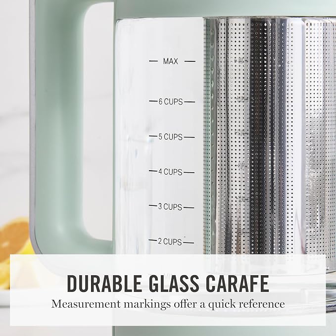Martha Stewart 1.7L Glass Carafe Electric Kettle with Removable Tea Infuser | 7 Cups, 4 Presets, Rapid Boiling, Stainless Steel Tea Leaf Infuser, Cordless Swivel Base, Keep Warm, Auto Shut-Off, Honeydew