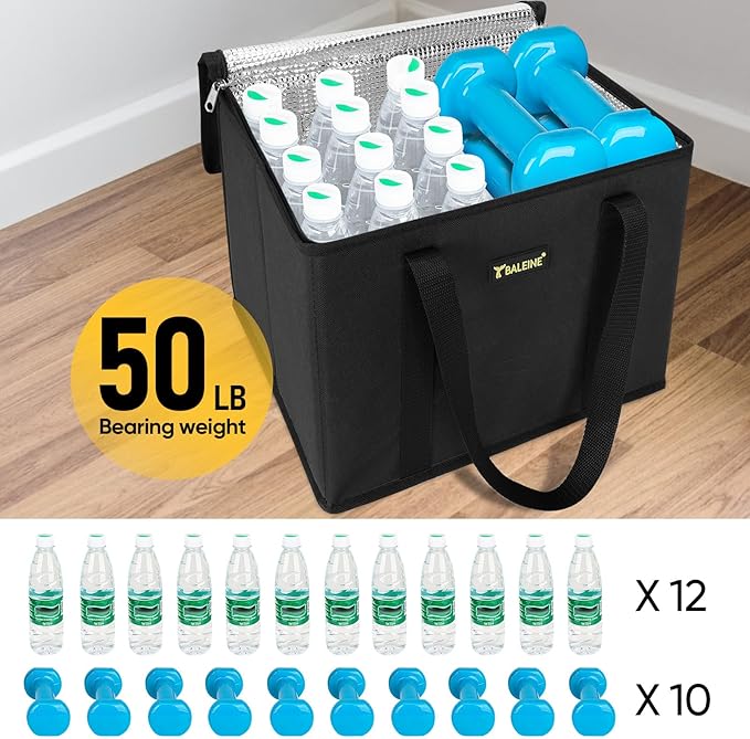 BALEINE 1PK Insulated Reusable Grocery Bag, Heavy Duty Shopping Tote | Foam & Foil Insulation, 9" Long Handles, Reinforced Bottom Keeps Upright, Fold Flat Storage, Water-Resistant Shopping Bag