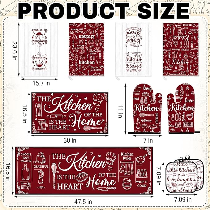 10 Pcs Kitchen Decor and Accessories Set, Retro Farmhouse | Baking Red Burgundy 4 Dish Towels Kitchen Rugs 2 Oven Mitts 2 Pot Holders, Home Decor for Cooking Baking BBQ Housewarming