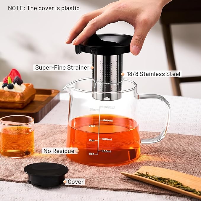 PARACITY Tea Pot with Infuser, Clear Stovetop Glass Tea Kettle with Scale | Borosilicate body and removable 18/8 stainless steel strainer support blooming and loose leaf brewing with measurements