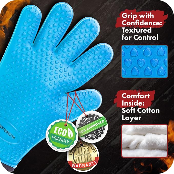 KITCHEN PERFECTION S Silicone Pizza Oven Gloves - Heat Resistant Oven Mitts | Waterproof, 5-Finger Design For A Better Grip, for Outdoor & Indoor Pizza Ovens, Compatible with Ooni, Ninja, Gozney & More