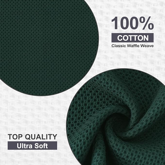 Kitinjoy Cotton Waffle 6-Pack Kitchen Towels, 12" x 12", Blackish Green | Ultra Absorbent, Super Soft, lightweight, Quick Drying Dish Rags for Washing Dishes