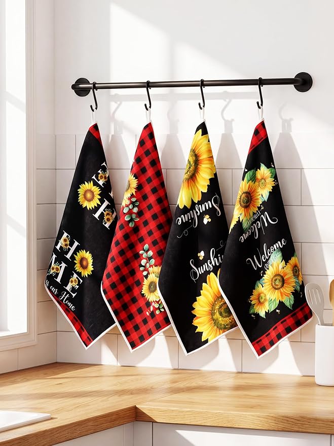 4 Pcs Sunflower Kitchen Towels Red Black Hand Dish Towels Gifts | Floral Absorbent Sunshine Grid Fast Drying Decor Housewarming Gift for Cooking Bathroom Kitchen Decor