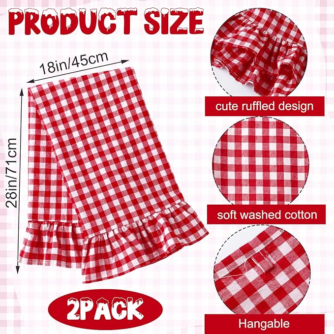 HunnmingRe 2 Pcs Red Gingham Kitchen Towels Cotton Ruffled | Checked Dish Towels 18"x28" Tea Cloths Plaid Cottage Core Kitchen Decor for Farmhouse Charm Drying Dishes Entertaining Guests