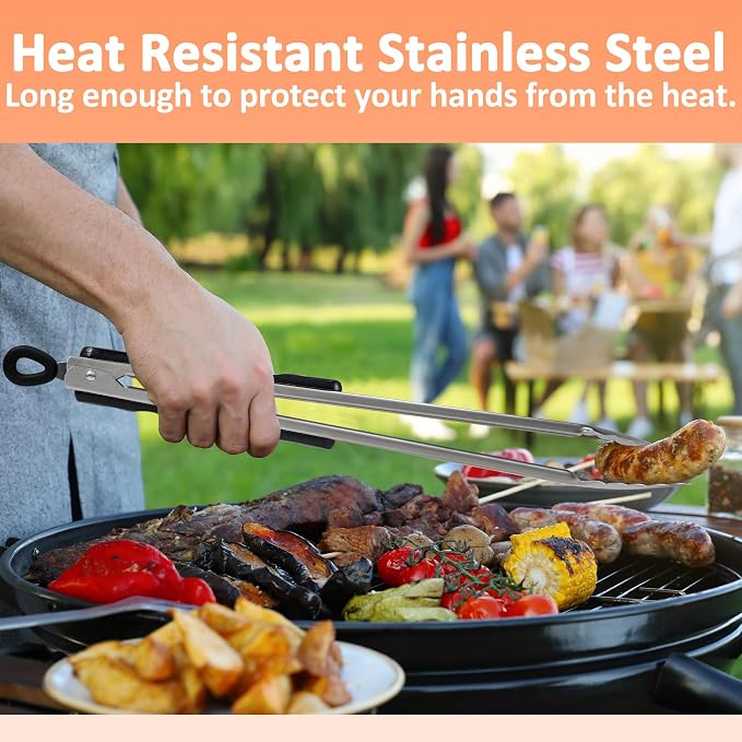 17-Inch Long Wood-Handled Stainless Steel BBQ Grill Tongs